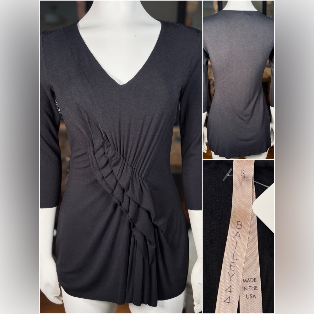 Bailey 44 Black 3/4 Sleeve Vneck Gathered Front Ruffle Top, Sz S